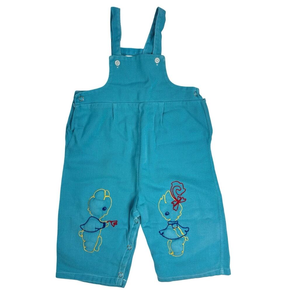 Vintage 1950s Baby Aqua Embroidered Bear Overalls 1-3 Months